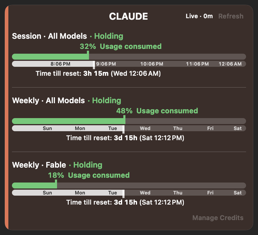 Claude’s provider card with session and weekly limits. Example readings.